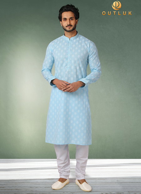 Sky Blue Outluk Vol 43 New Exclusive Wear Pure Cotton With Digital Print Kurta Pajama Mens Collection 43003
